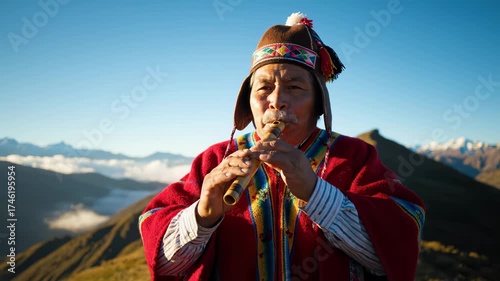 Indigenous man in traditional clothes plays flute on mountain top showing authentic peru culture this beautiful andes music is a great spiritual sound this is a great travel view