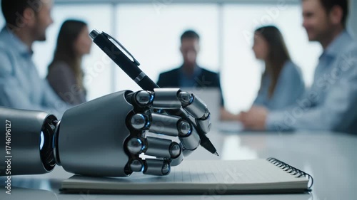 Robot hand writes in notebook at business meeting showing futuristic ai technology this is a great artificial intelligence symbol this is a very cool and modern office assistant