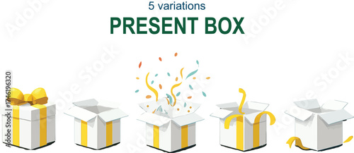 A festive birthday party invitation is next to a party table setting featuring a brightly colored gift box with a ribbon and a greeting card for a joyful celebration