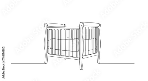 Crib with soft bumper from side view in line art style