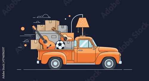 An orange pickup truck overloaded with household items and musical instruments drives through a dark background.