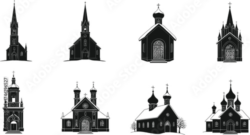 Black and white church illustrations, Gothic steeples, Orthodox domes, religious architecture, historic buildings,