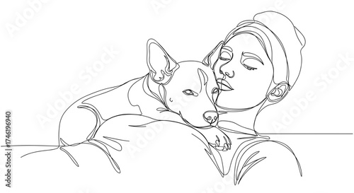 Dog laying on owner’s chest in line art style