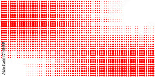 Red color halftone gradient texture. Vanishing cartoon polka dot background. Repeating dotted gradation pattern. Fading comic pop art overlay backdrop. Raster halftone