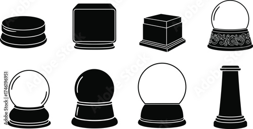 Crystal ball stand silhouettes, mystical base designs, black and white metaphysical artwork, ornate pedestal graphics, spiritual decorative elements collection