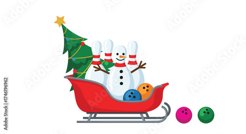 Festive bowling snowman character in a sled with holiday decorations.