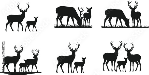 Deer silhouette family set, forest wildlife poses, nature animal graphics, grazing deer illustration, seasonal outdoor design, antlered and fawn artwork