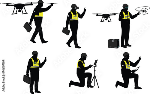 Drone inspection and data collection silhouette vector set, fieldwork icons, industrial survey design, printable tech artwork, safety vest illustration