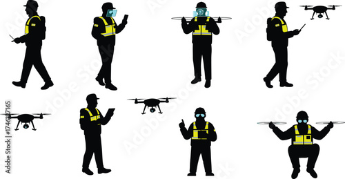 Drone operator silhouette vector set, industrial inspection icons, safety vest and helmet design, printable tech artwork, quadcopter control illustration