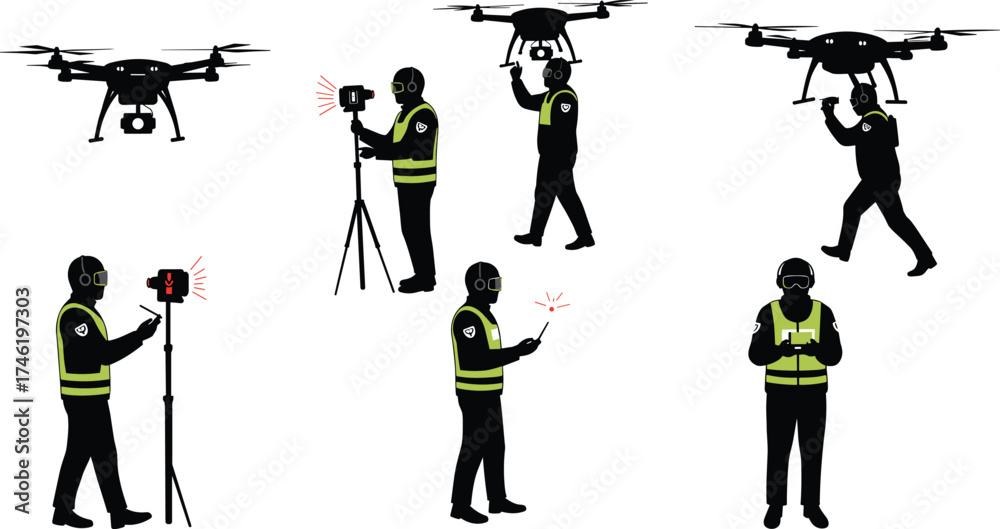 Obraz premium Drone operation and fieldwork silhouette vector set, safety gear icons, printable tech artwork, tripod and tablet interaction illustration