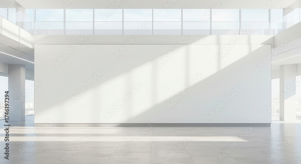 Obraz premium Bright, modern empty interior space with large blank wall.