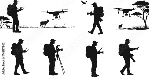 Wildlife drone operator silhouette, outdoor nature photography, tripod camera setup, forest scene with deer, bird, tree