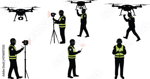 Drone operation and fieldwork silhouette vector set, safety gear icons, printable tech artwork, tripod and tablet interaction illustration