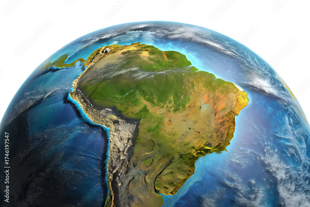 Fototapeta premium Detailed view of south america on a glowing earth globe with a dark background showcasing continents and oceans
