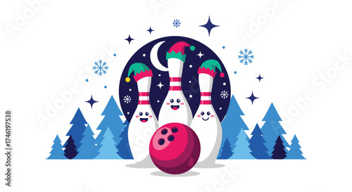 Festive bowling pins and ball celebrate the winter holidays with cheerful faces and santa hats.