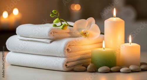 Serene spa scene featuring stacked white towels a delicate orchid glowing candles and smooth stones creates a calming atmosphere perfect for wellness and relaxation concepts
