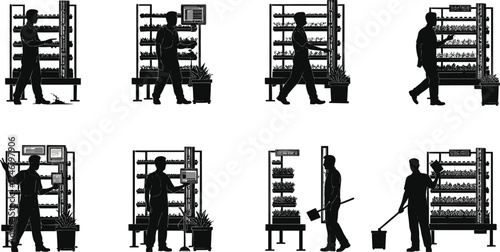 Vertical farming silhouette, hydroponic system interaction, digital control panel, plant care, urban agriculture,