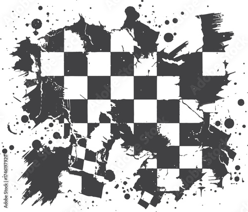 Dynamic abstract design featuring a black-and-white checkerboard ripped and splattered with ink-like paint. This modern, edgy artwork adds texture and drama to backgrounds