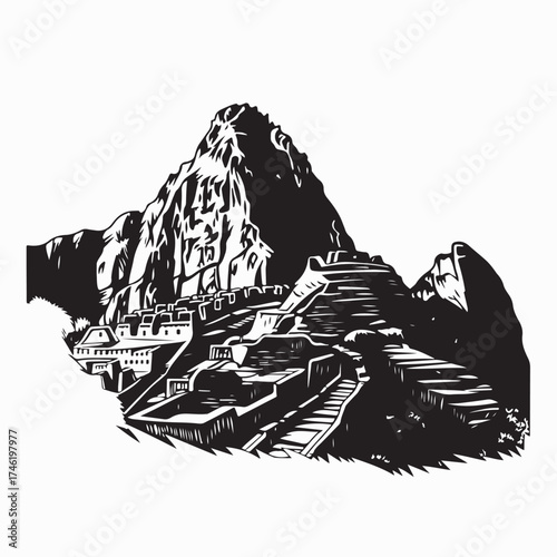 Machu Picchu Vector Silhouette Illustration Inca Ancient Mountain Landmark