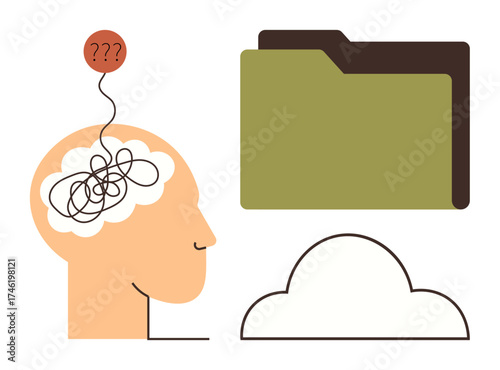 Tangled brain thoughts linked to a question mark, cloud, and folder representing information storage, confusion, memory, or decision-making. Ideal for education, psychology, problem-solving data