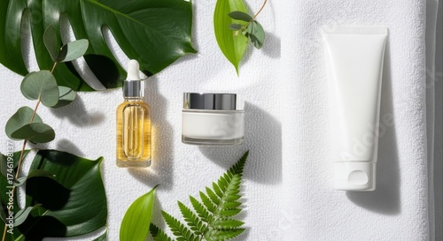 Natural skincare product display featuring serum cream and lotion with botanical elements on a soft white towel background for beauty and wellness product promotion and advertising