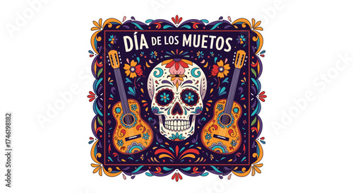 Vibrant dia de los muertos illustration with skulls and guitars.