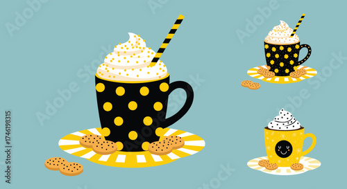 A delightful collection of sweet beverages featuring whipped cream and cookies perfect for a cozy afternoon treat.