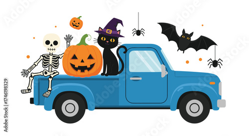 A spooky skeleton and a witch cat ride in a blue truck with pumpkins and bats.