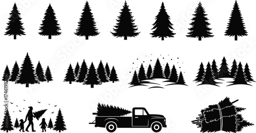 Christmas tree silhouette, pine forest collection, holiday nature scene, family outing, tree cutting, pickup truck,