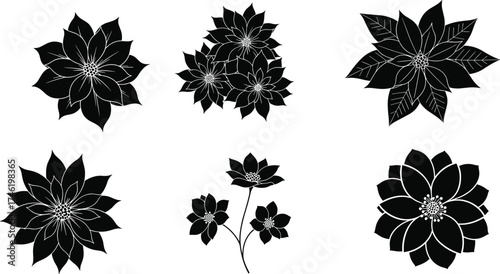 Stylized floral silhouette set, black and white botanical illustrations, decorative flower graphics, petal design elements, symmetrical nature artwork collection