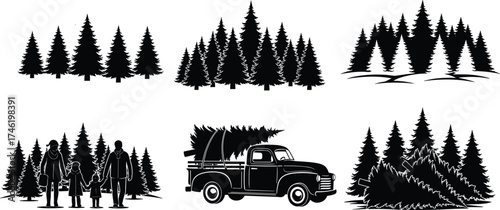 Christmas tree silhouette, pine forest scene, family outing, tree cutting, pickup truck, holiday nature vector,
