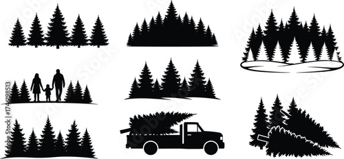 Forest silhouette, pine tree landscape, nature scene, family walking, Christmas tree truck,