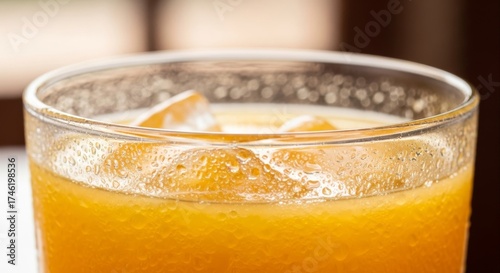 Refreshing orange juice with ice cubes in a glass showcasing condensation droplets and vibrant color perfect for summer refreshment and healthy lifestyle promotions and drink photography