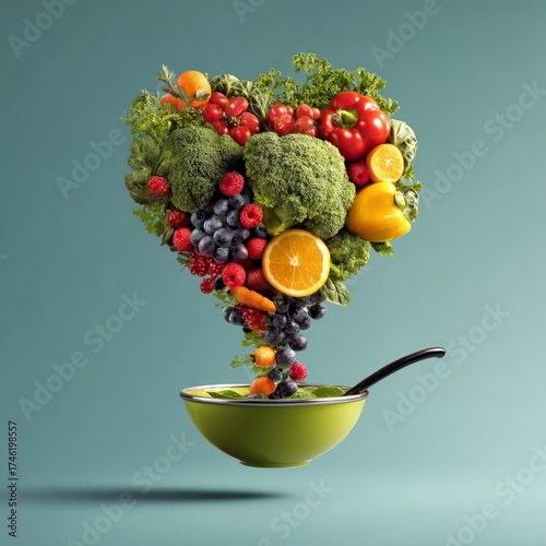 Heart-Shaped Medley of Nutritious Food: Vibrant fruits and vegetables, artistically arranged in the shape of a heart, cascade into a bowl.