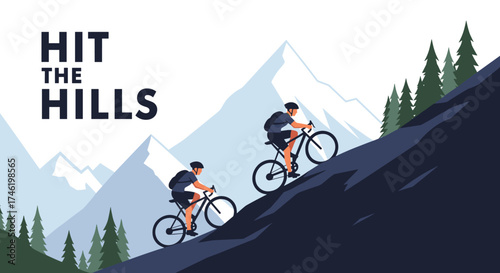 Two cyclists riding uphill in a mountainous landscape.
