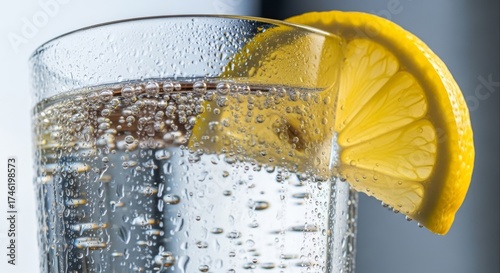 Refreshing sparkling water with a vibrant lemon slice showcasing condensation droplets on the glass perfect for summer hydration and healthy lifestyle promotions