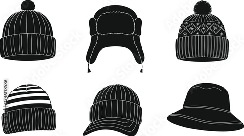 Winter hat silhouette set, black and white headwear graphics, cozy seasonal fashion illustrations, beanie trapper bucket cap design collection