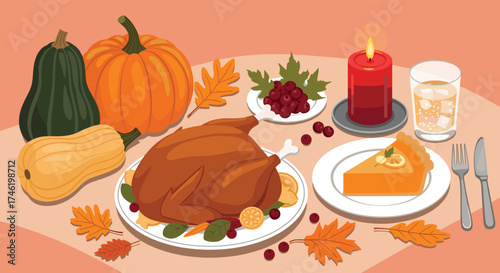 A bountiful thanksgiving feast featuring a roasted turkey and seasonal vegetables.