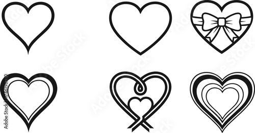 Black and white heart vector set, romantic love icons, Valentine’s Day design, decorative outline artwork,