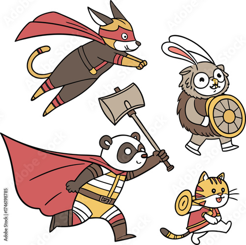 Funny Colorful Animal Superheroes Vector Bundle | Cute Cartoon Animal Hero Characters