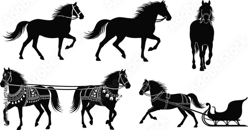 Horse silhouette collection, sleigh and harness poses, festive equestrian graphics, winter carriage artwork, black animal design, ceremonial horse illustrations