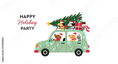 Happy holiday party with dogs driving a car with a Christmas tree.