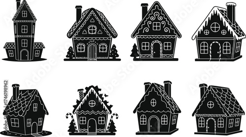 Whimsical winter house silhouette set, black and white holiday cottage graphics, festive architectural illustrations, fairy-tale home design collection