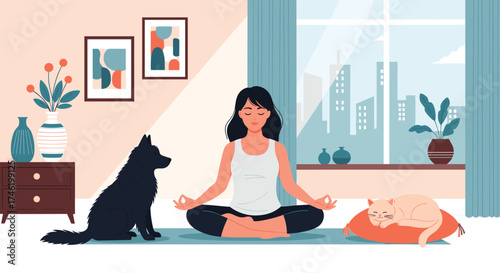 A woman meditates with her dog and cat in a cozy living room with a city view.