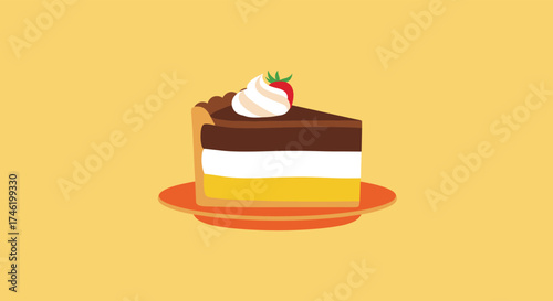 A delicious slice of layered cake with whipped cream and a strawberry on top sits on an orange plate.