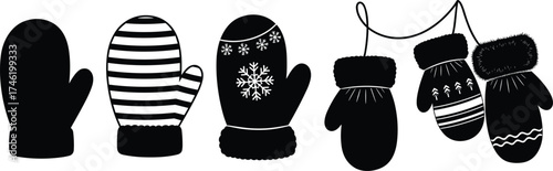 Black and white winter mitten illustrations, cozy glove designs, seasonal fashion, snowflake patterns,