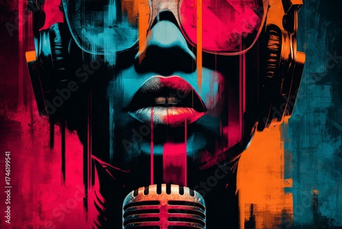Music Artist in Neon: The essence of a music artist radiates through a vivid neon illustration, adorned with a microphone and headphones, bathed in a kaleidoscope of radiant colors.