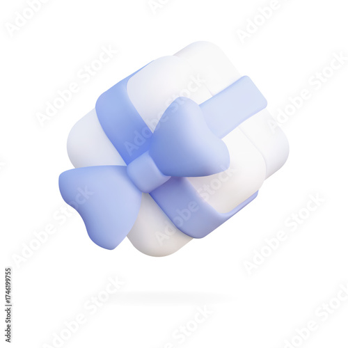 3D three-quarter white gift with blue bow dynamic floating present for celebration and branding templates