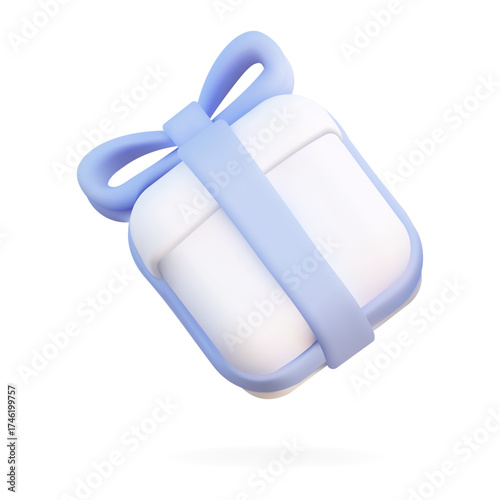 3D white gift box with blue ribbon tilted left, floating shadow modern minimal holiday present isolated on white