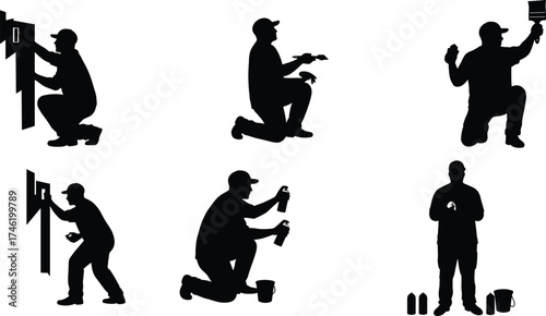 Painting and maintenance worker silhouette vector set, wall repair icons, spray and brush poses, printable labor design, tool illustration